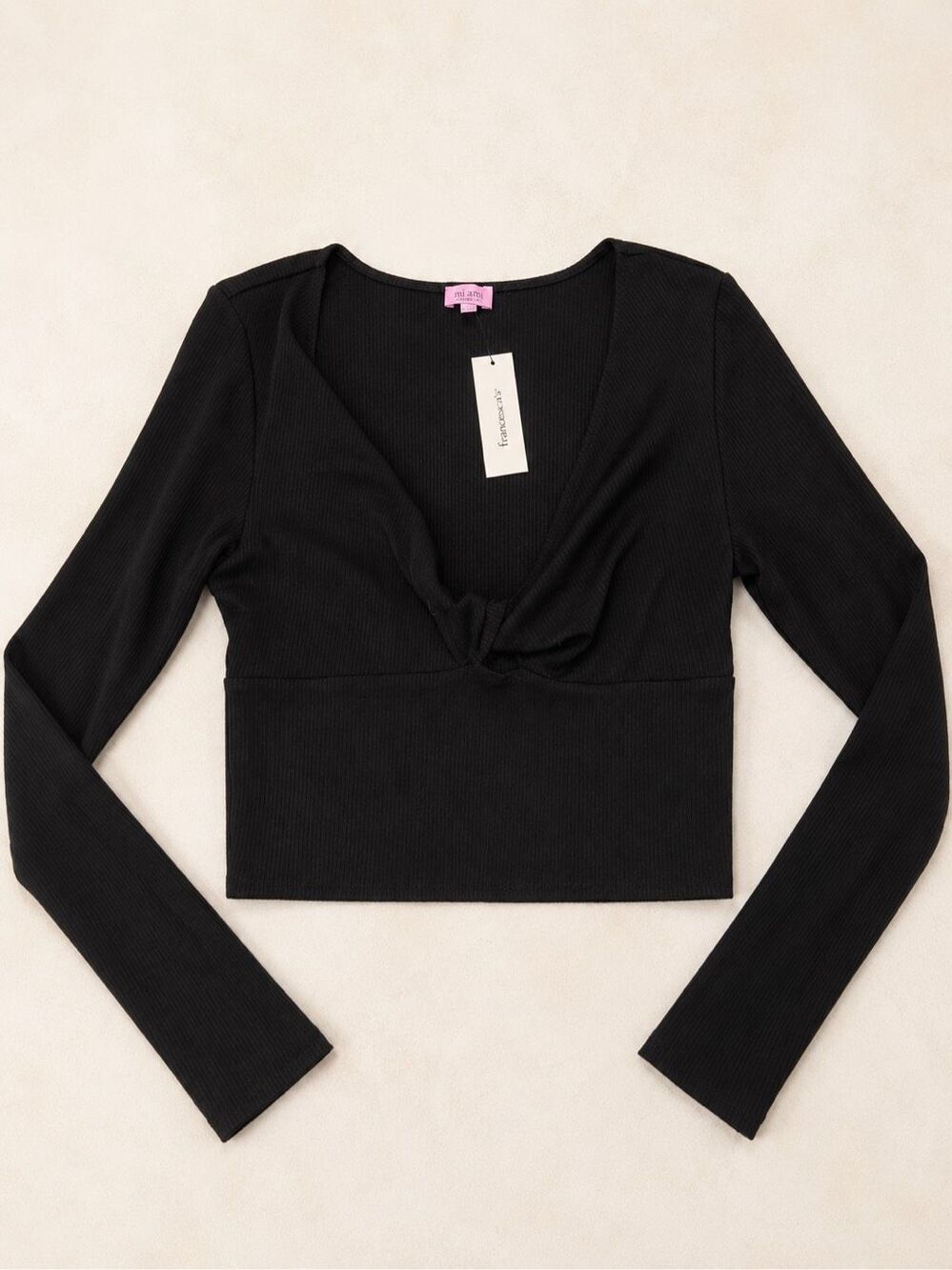 NWT Mi Ami Francesca’s Women’s L Black Ribbed Twist Front V-Neck Crop Top
